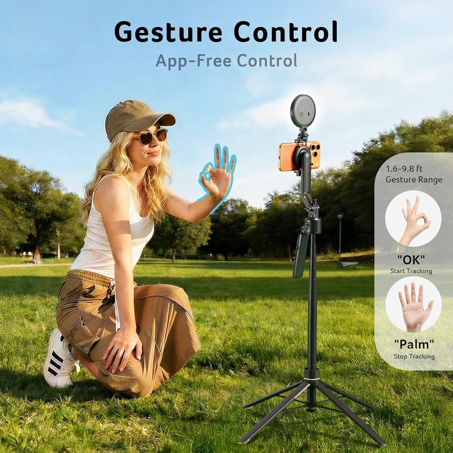 Gadget Auto Face Tracking Tripod for Iphone – Magnetic Phone Mount Gesture Control Detachable Mini Ring Light 64" 360 Degree AI Tracking Phone Tripod for Vlogging Youtube Tiktok Video Recording