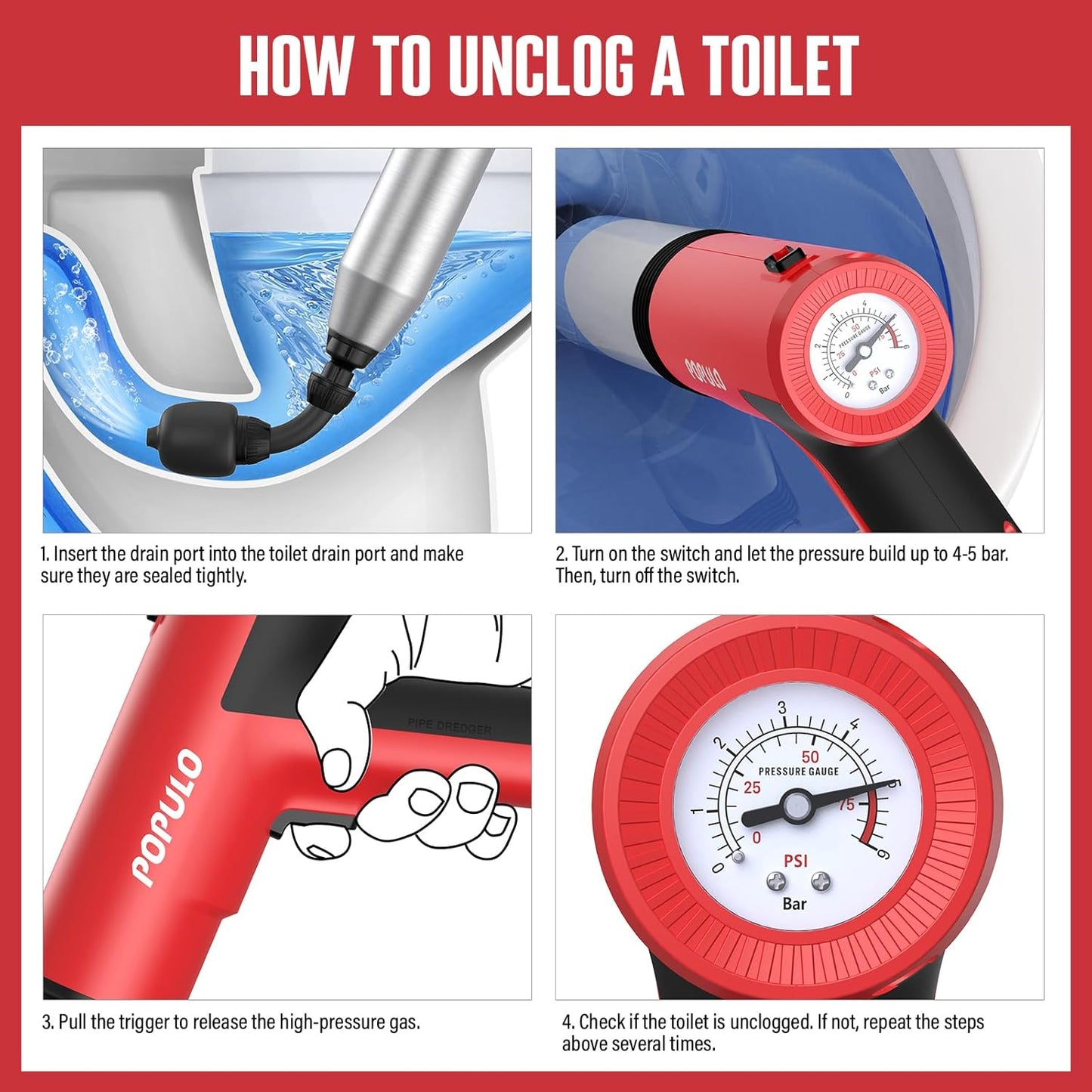 Electric Toilet Plunger High Pressure Drain Unclogger Plungers for Bathroom, Floors, Heavy Duty Versatile Home Toilet Unclogger Tool