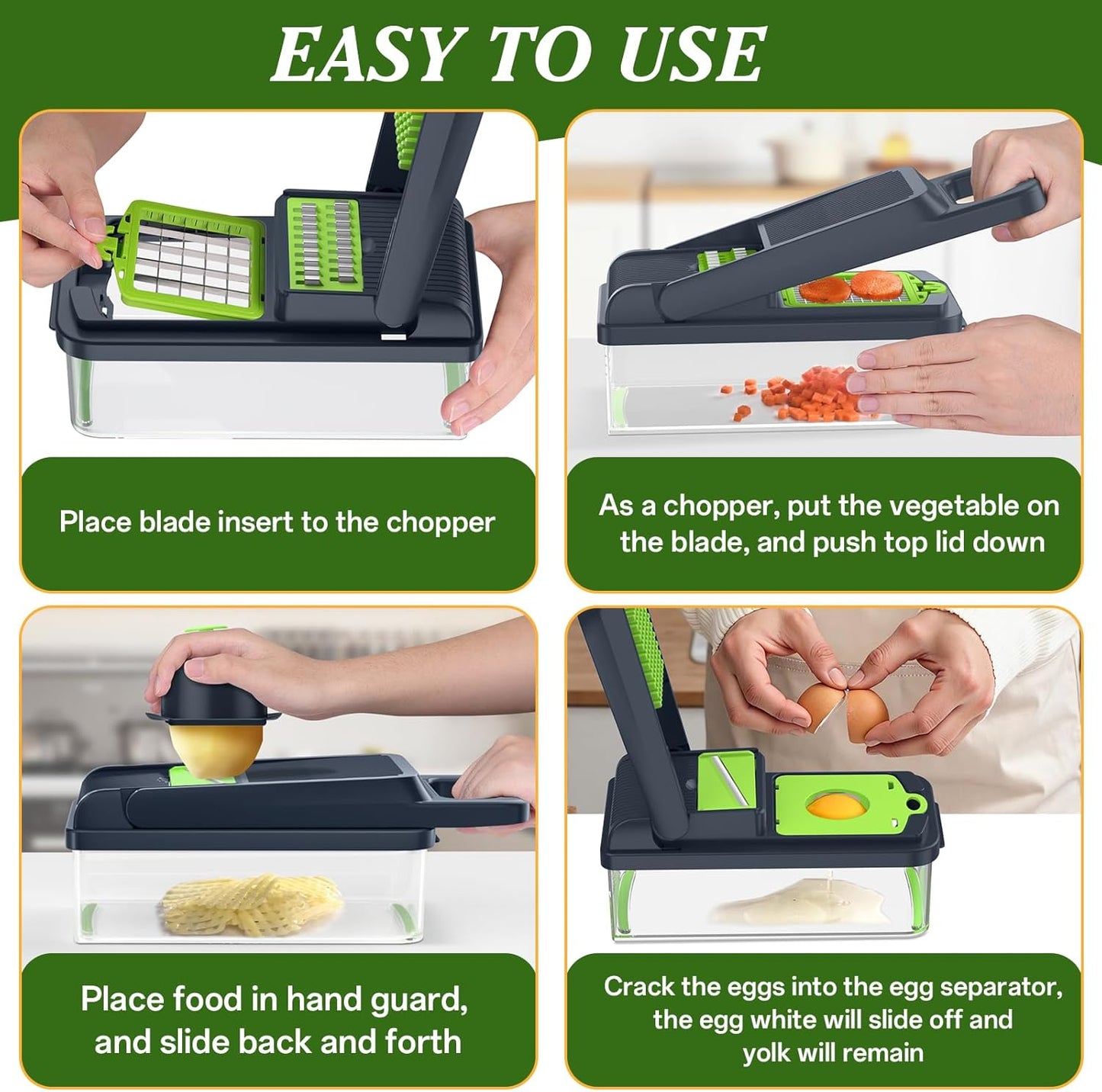 Vegetable Chopper Vegetable Cutter, 12 in 1 Kitchen Gadget, Dicer, Slicer, Onion Cutter, Salad, Cheese Grater & Egg Separator - Multi-Functional Veggie Chopper Lid with Handle (Green)
