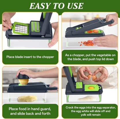 Vegetable Chopper Vegetable Cutter, 12 in 1 Kitchen Gadget, Dicer, Slicer, Onion Cutter, Salad, Cheese Grater & Egg Separator - Multi-Functional Veggie Chopper Lid with Handle (Green)