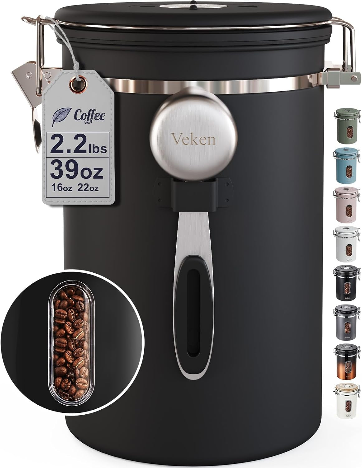 Large Coffee Canister with Window, Kitchen Food Storage Airtight Stainless Steel Container for 2.2Lbs Coffee Beans, Grounds, Rice,Tea, Flour, Cereal, Sugar Jars,Date Tracker and Scoop 39Oz,Black