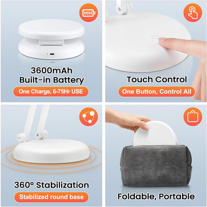 Cordless Desk Lamp,Dimmable Small Battery Powered Lights,3600Mah Rechargeable Wireless Table Lamp,Mini Lamp&Portable Light for Bed,Book Reading,Home for Small Spaces,Nail Light,Craft,Office