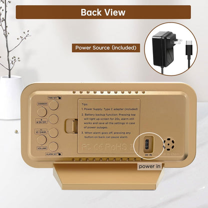 Slim Digital Mirror Aesthetic Alarm Clock for Bedrooms Desk Decor - Plug in Electric Big LED Modern Small Clock for Office Living Room, Battery Backup, 6 Dimmers (Gold)