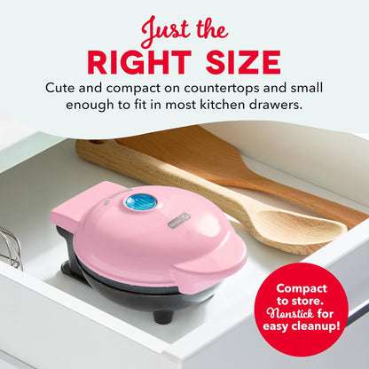 Mini Waffle Maker- Compact Electric Iron for Creative Homemade Treats - PTFE Nonstick Surface - Easy-To-Clean - Perfect for Kids & Families - Pink