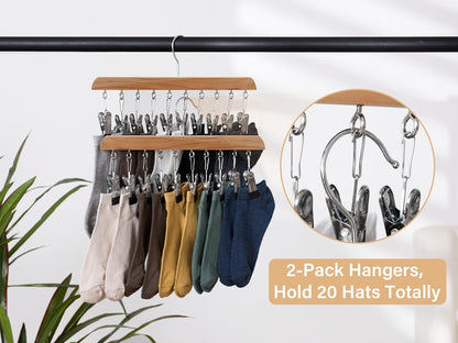 Hat Rack, Closet Organizer and Storage for Baseball Caps,Set of 2 with 10 Adjustable Stainless Steel Clips, Fits All Caps, Natural Wood Color