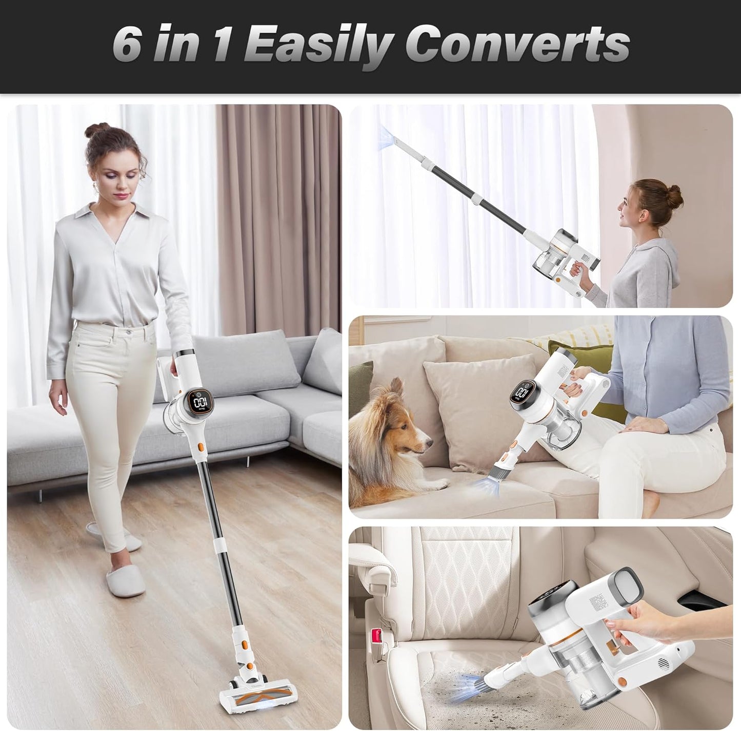 V500 Cordless Vacuum Cleaner for Home, 40000Pa/450W Stick Vacuum with LED Touch Screen, Charging Wall Dock, Anti-Tangle, Lightweight Handheld Vacuum for Pet Hair, Hard Floor, Carpet