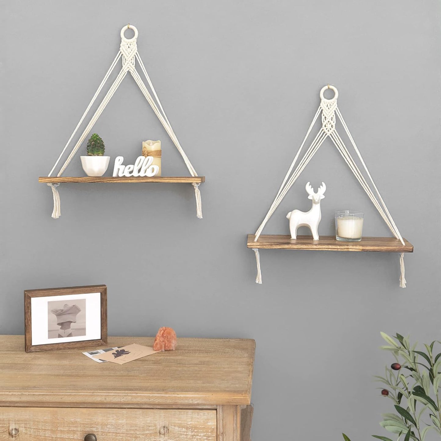 Macrame Hanging Shelves Boho Wall Decor Set of 2 Rustic Wood Floating Storage Shelf for Bedroom Bathroom Living Room Nursery Dorm Room, Display Shelving for Hanging Plants Photos