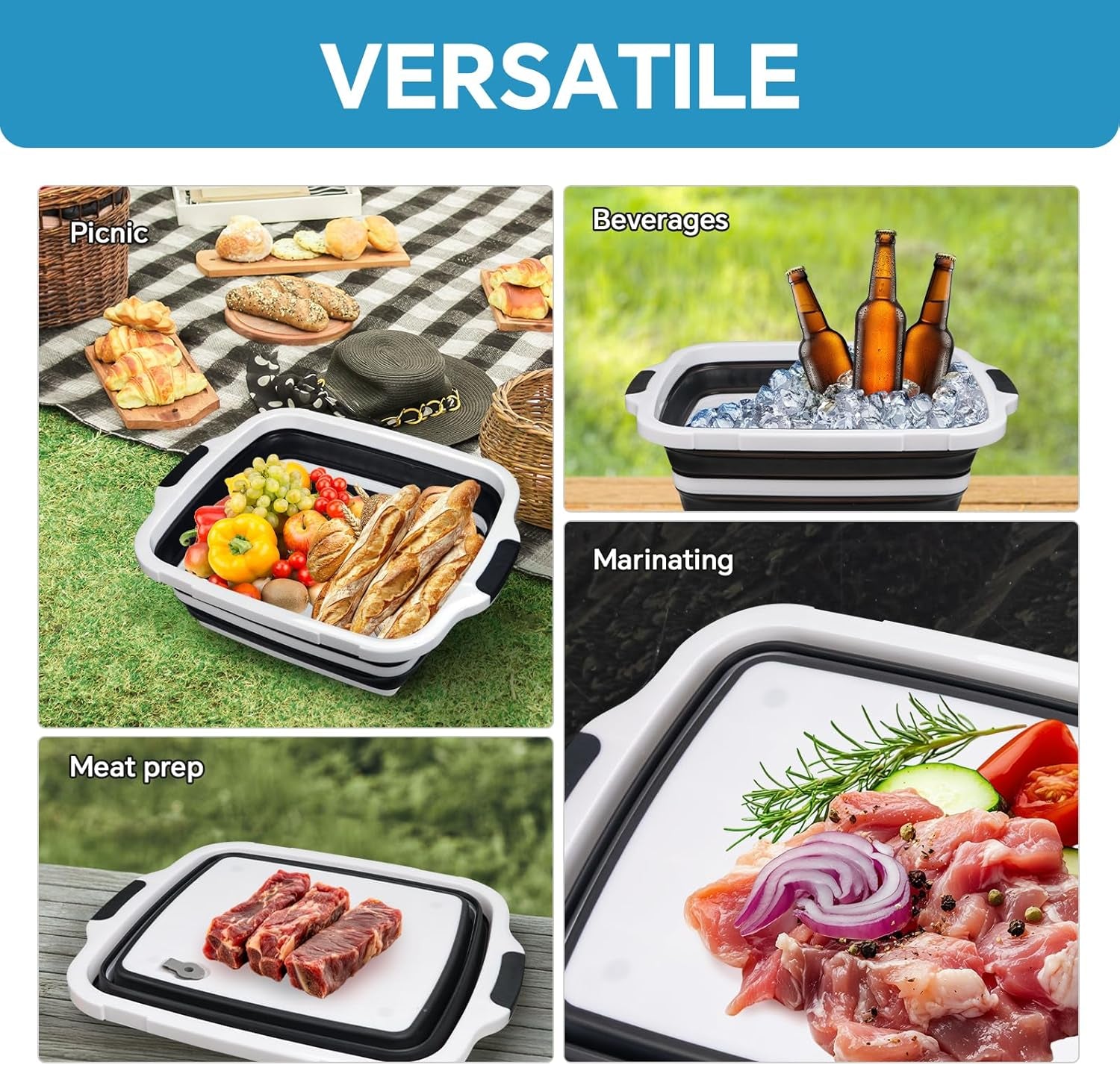 Collapsible BBQ Prep Tub for Meal Prep, Marinating,Food Storage, Picnics, Camping, Barbecues,Cutting Fruits and Vegetables - Includes Cutting Board and Locking Lid,(X-Large) Black
