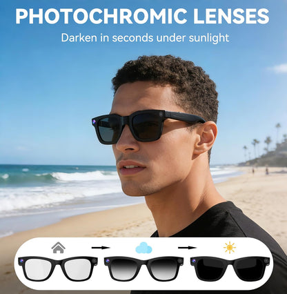 AI Smart Glasses with Camera, 8MP HD Camera Glasses for Men, AI Recording Glasses with Voice Assistant,Open-Ear Audio,Real-Time Translation,Video Recording Sunglasses for Life & Work (Photochromic)