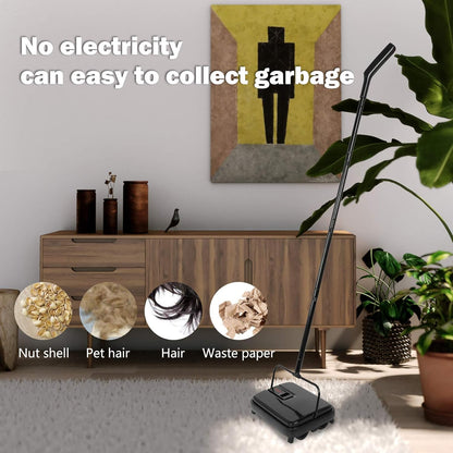 Carpet Sweeper, Mini Size Lightweight Hand Push - No Noise, Non-Electric, Easy Manual Sweeping Only for Carpet Cleaning (Black)