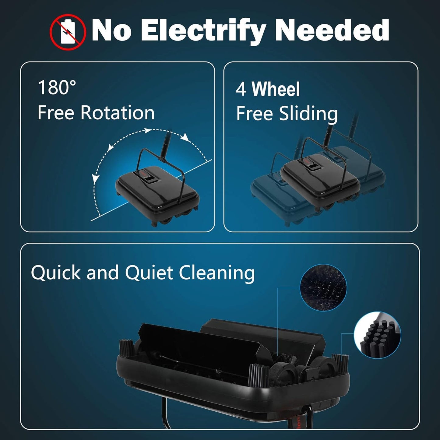 Carpet Sweeper, Mini Size Lightweight Hand Push - No Noise, Non-Electric, Easy Manual Sweeping Only for Carpet Cleaning (Black)