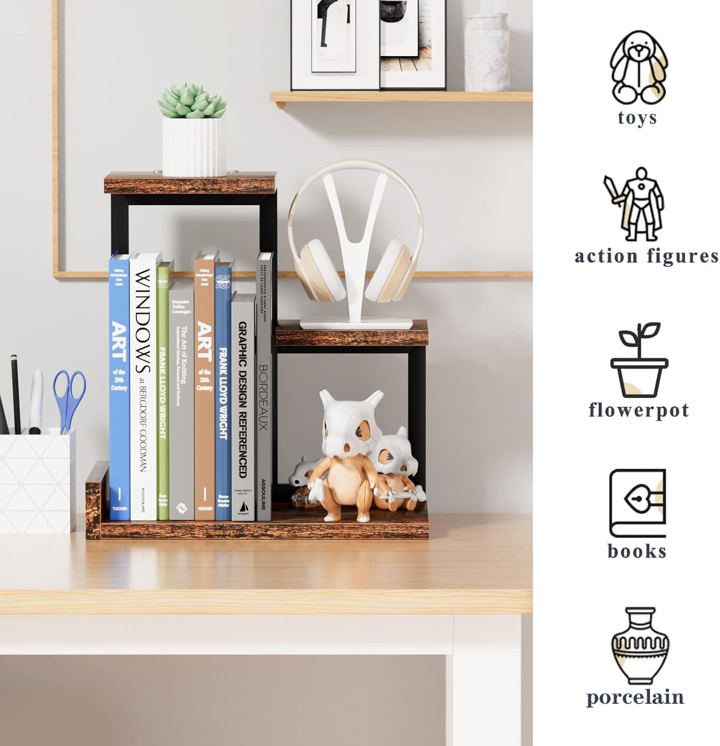 Office Decor Desk Shelf Organizer - Wood Desktop Shelf, Freestanding Desk Hutch, 3 Tier Storage Display Rack, Small Bookshelf with Metal Frame for Books/Plants/Toys (Rustic Brown Black)