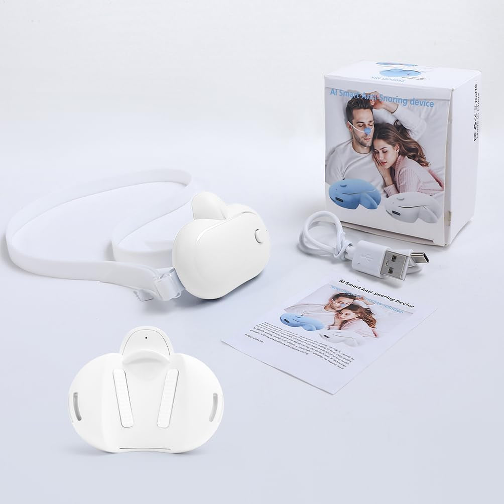 AI Smart Anti-Snoring Device with Strap,Detecting Snoring Sounds 40 Decibel Start Nose Massage,Low Noise, Adjustable High Low Vibration,Improves Breathing and Sleep Quality Home Travel (White)