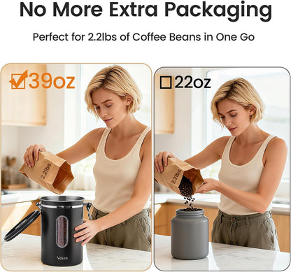 Large Coffee Canister with Window, Kitchen Food Storage Airtight Stainless Steel Container for 2.2Lbs Coffee Beans, Grounds, Rice,Tea, Flour, Cereal, Sugar Jars,Date Tracker and Scoop 39Oz,Black