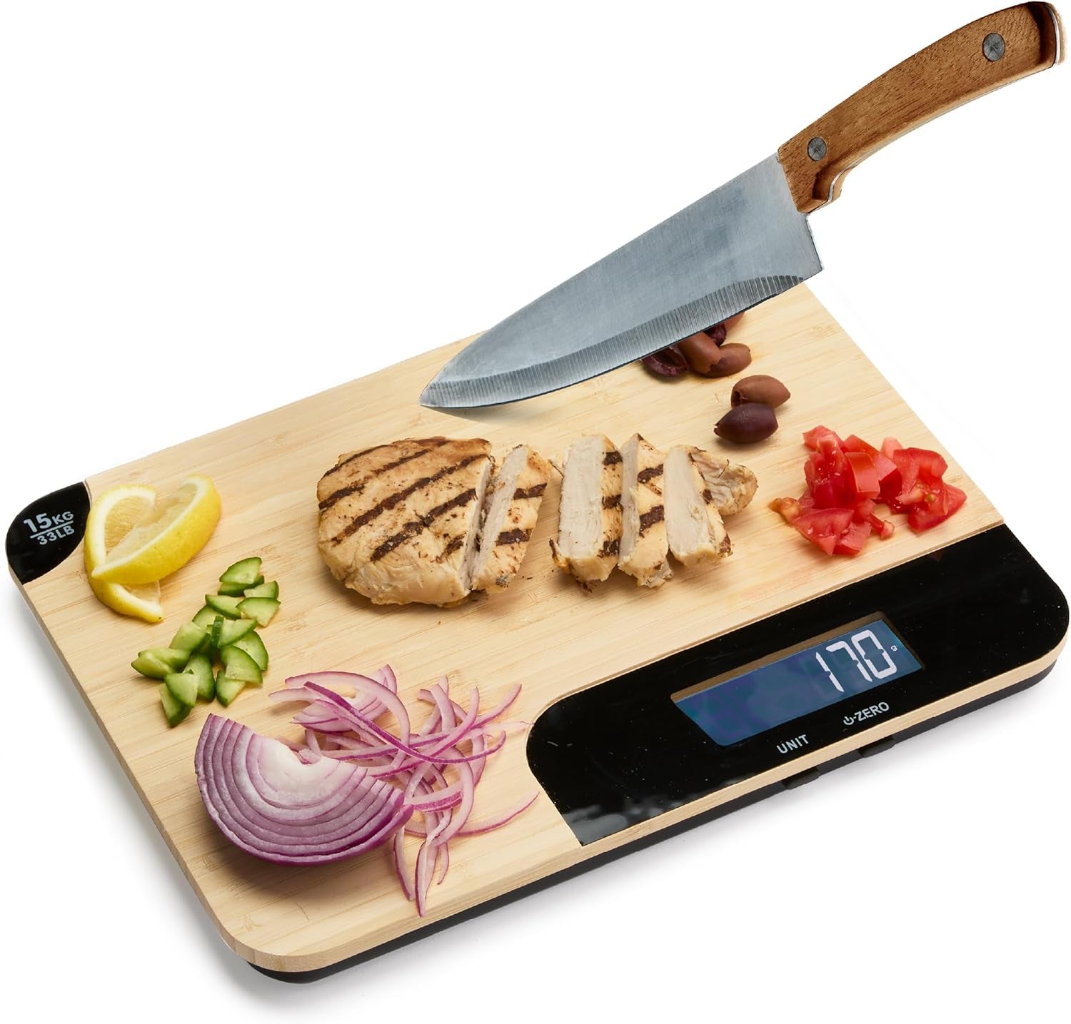 Bamboo Cutting Board & Digital Food Scale, 33 Lb Capacity, Measures Grams & Ounces, Multi-Functional for Food Prep, Baking, Dieting, Portion Control, Kitchen Gadgets Gift