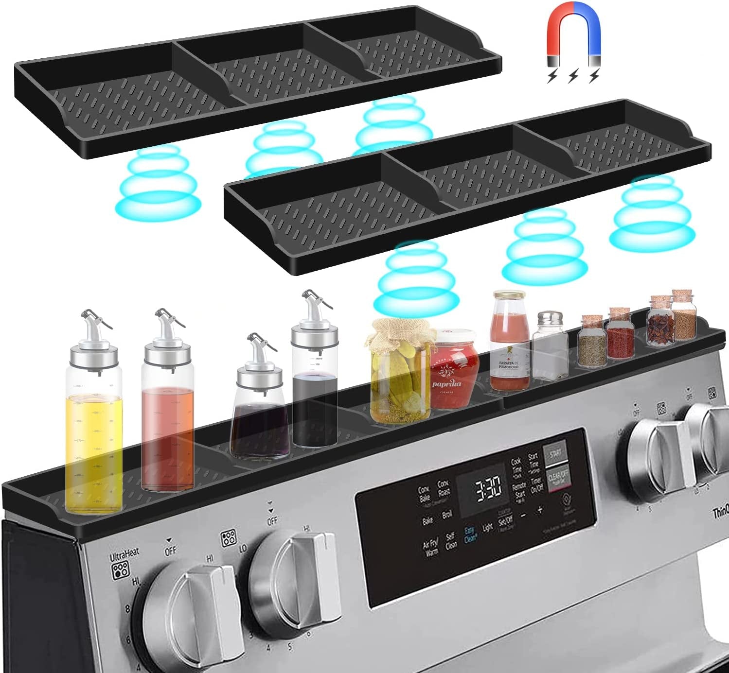 Stove Top for Silicone Shelf,30 Inch Magnetic Shelf over the Stove Spice Rack,Kitchen Organizer Magnet above Stovetop Back of Flat Storage Suctioned-Black