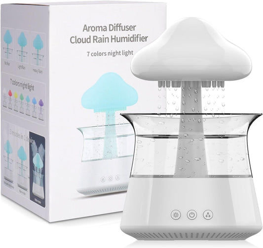 Cloud Rain Humidifier for Bedroom with Soothing Rain Sounds Sleep Aid, Waterfall Night Light, Mushroom Design Air Moisturizer，Room Decor Aesthetic for Living Room (White)