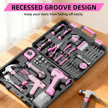 Pink Tool Set Drill Set, 188PCS Tool Kit for Home with Pink Cordless Drill Power, Hand Tool Kit for Women, Basic Household Auto Car Repair Tool Box for Men, Portable Storage Box Tools Sets
