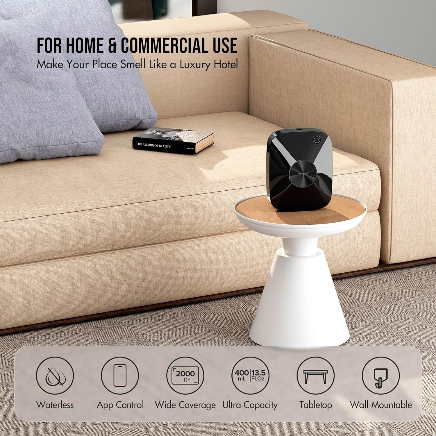 Smart Waterless Essential Oil Diffuser Scent Air Machine with 12A1V Power Adapter for Large Rooms Spaces Home and Commercial Use, up to 2000 Sq Ft 400 Ml Capacity Scent Diffuser, Black ANA