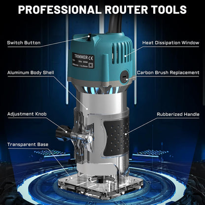 Router Tool, 110V 800W Compact Wood Router Tool for Woodworking, Electric Hand Trimmer 1/4" Collets Palm Wood Router Tools Laminate Trimmer + Tungsten Carbide Router Bits 15-Piece Set