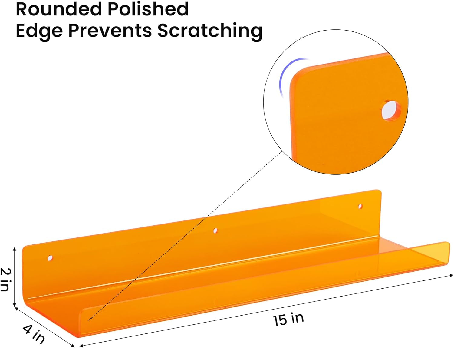 Acrylic Shelves for Wall Decor, 15" Display Shelf Perfume Organizer for Bathroom, Bedroom, Living Room, Floating Bookshelves for Kids, Clear Orange, 4 Pack