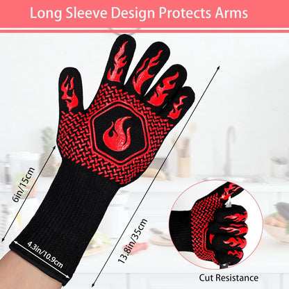 BBQ Fireproof Gloves, Grill Cut-Resistant 1472°F Heat Resistant Gloves, Non-Slip Silicone Oven Gloves, Kitchen Safe Cooking Gloves for Oven Mitts,Barbecue,Cooking, Frying,13.8 Inch-Red