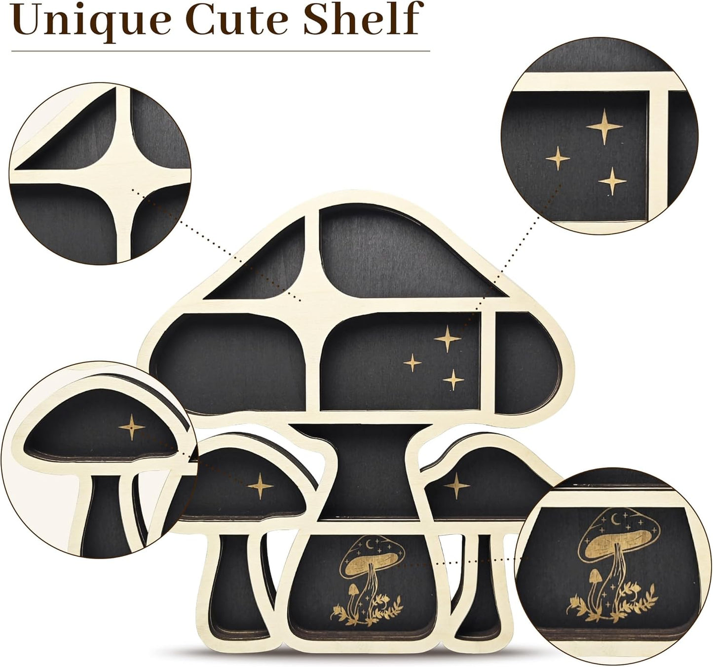 Wooden Mushroom Floating Shelves, Crystal Display Shelf for Wall, Cute Mushroom Wall Decor, Rock Gem Stone Storage Organizer, Essential Oil Holder Hanging Case, Meditation Art Spiritual Gift