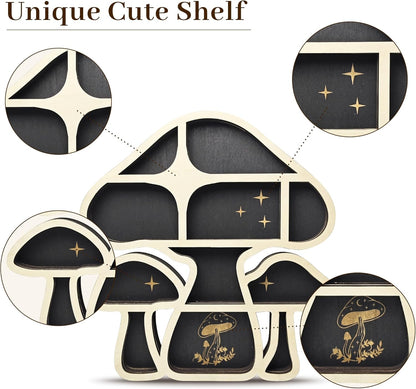 Wooden Mushroom Floating Shelves, Crystal Display Shelf for Wall, Cute Mushroom Wall Decor, Rock Gem Stone Storage Organizer, Essential Oil Holder Hanging Case, Meditation Art Spiritual Gift
