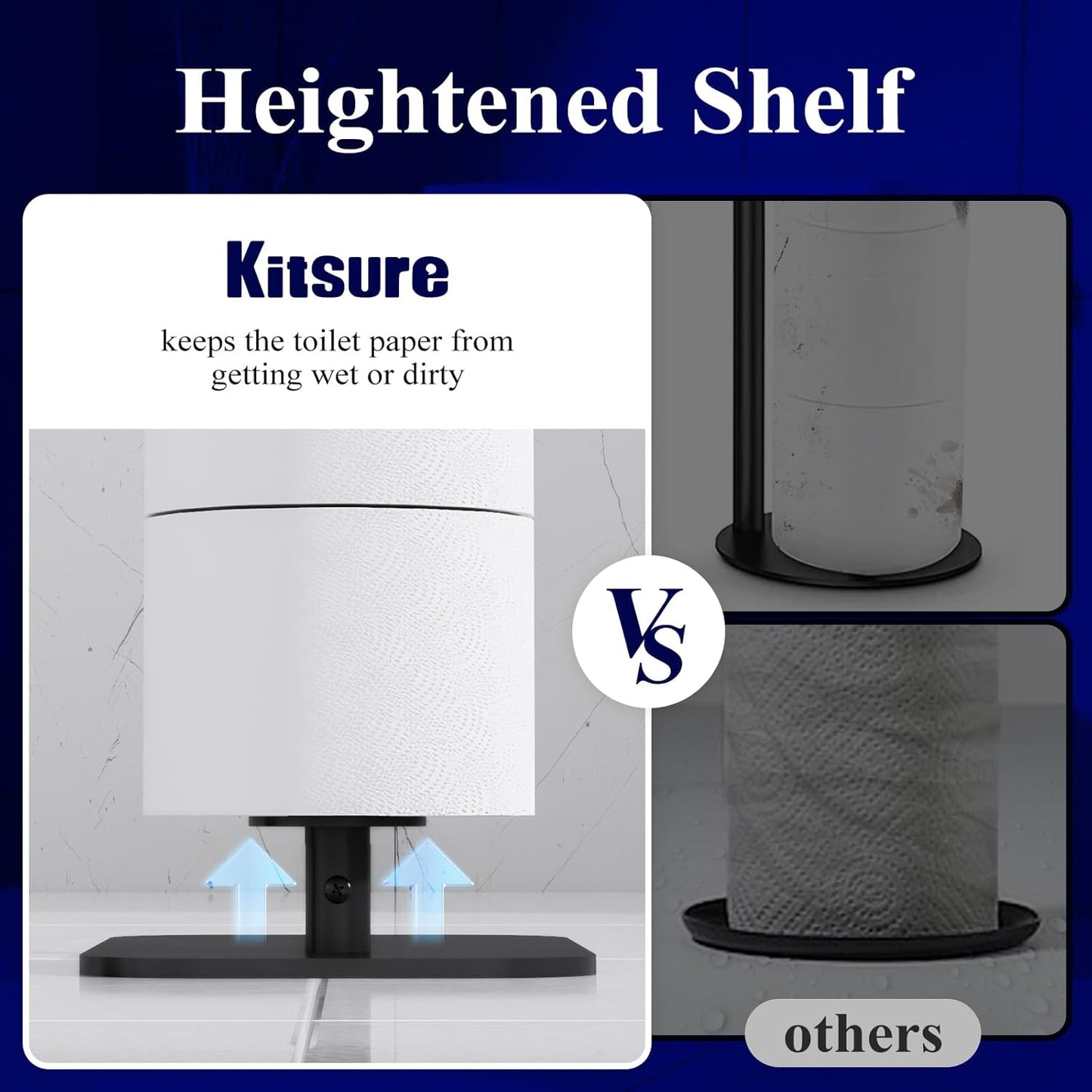 Toilet Paper Holder Free Standing – Rustproof Metal Toilet Paper Stand for 4 Rolls with Anti-Slip Base and Shelf for Phone & Small Items, Bathroom Organizers and Storage, Medium, Black