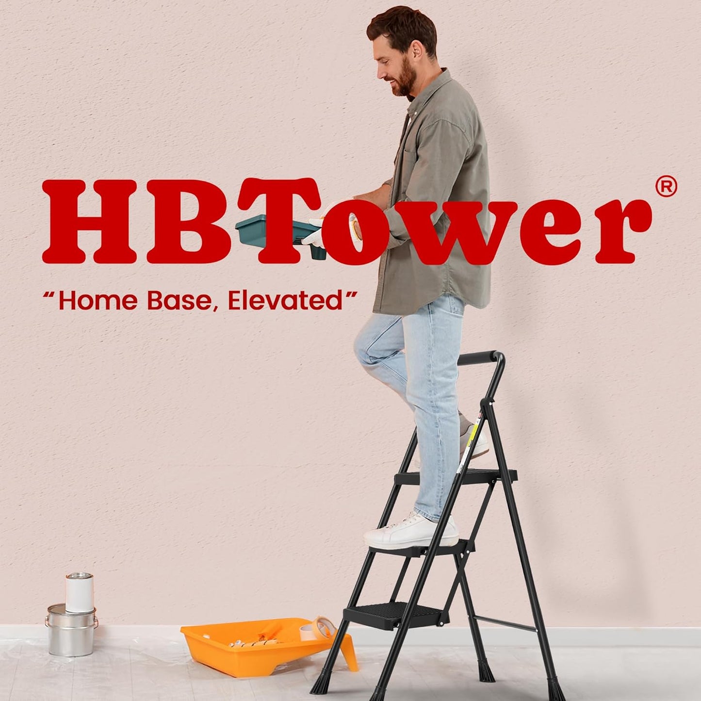 Step Ladder, Folding Step Stool with Wide Anti-Slip Pedal, Sturdy Steel Ladder, Convenient Handrail, Lightweight, Portable Steel Step Stool
