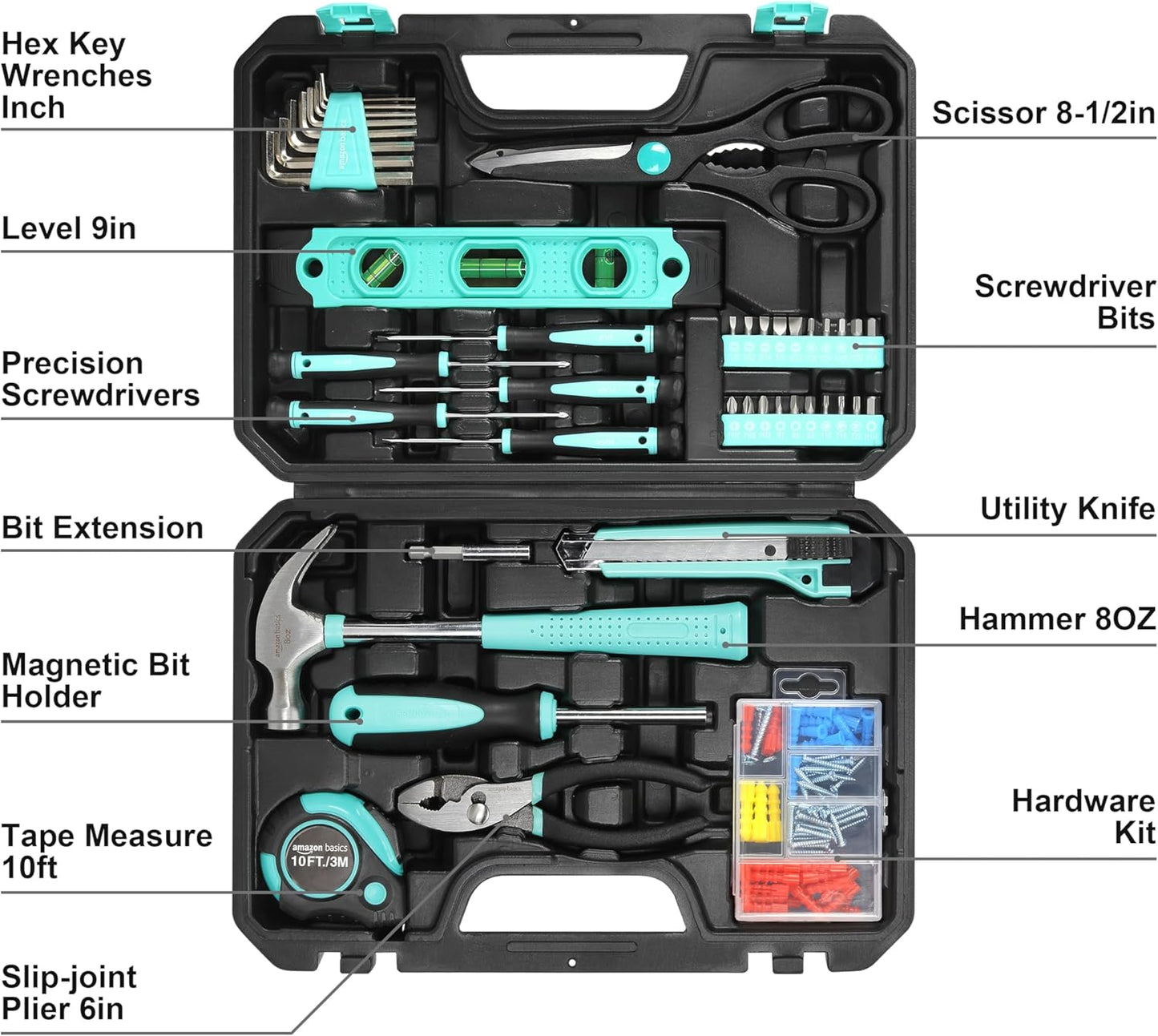 142-Piece Household Tool Kit for Home Repair, Hand Tools with Storage Case, 13.39 X 9.25 X 2.95 Inch, Turquoise