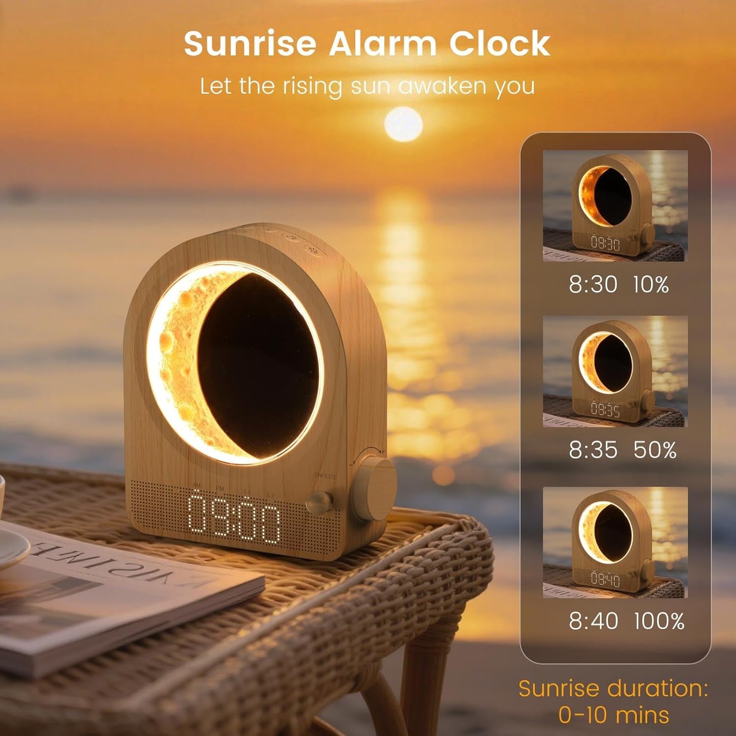 Sunrise Alarm Clock, White Noise Machine & Meteor Moonlight - 10 Soothing Sounds, Dual Alarms, 30/60/90Min Timer, Easy Snooze - Bedroom Gift for Insomnia Adults/Women - Wood Grain