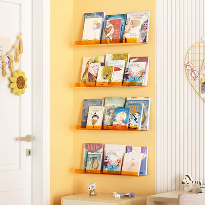 Acrylic Shelves for Wall Decor, 15" Display Shelf Perfume Organizer for Bathroom, Bedroom, Living Room, Floating Bookshelves for Kids, Clear Orange, 4 Pack