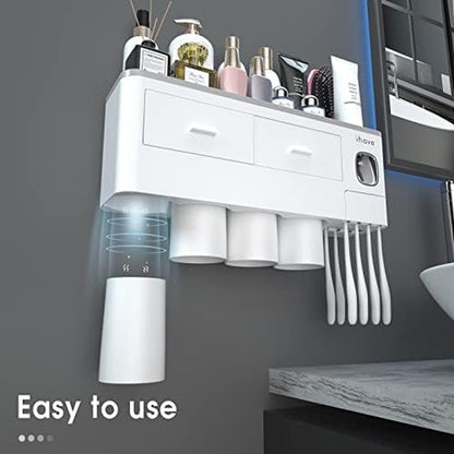 Toothbrush Holders for Bathrooms, 4 Cups Toothbrush Holder Wall Mounted with Toothpaste Dispenser - Large Capacity Tray, 2 Cosmetic Drawer - Bathroom Organizer & Bathroom Accessories Set