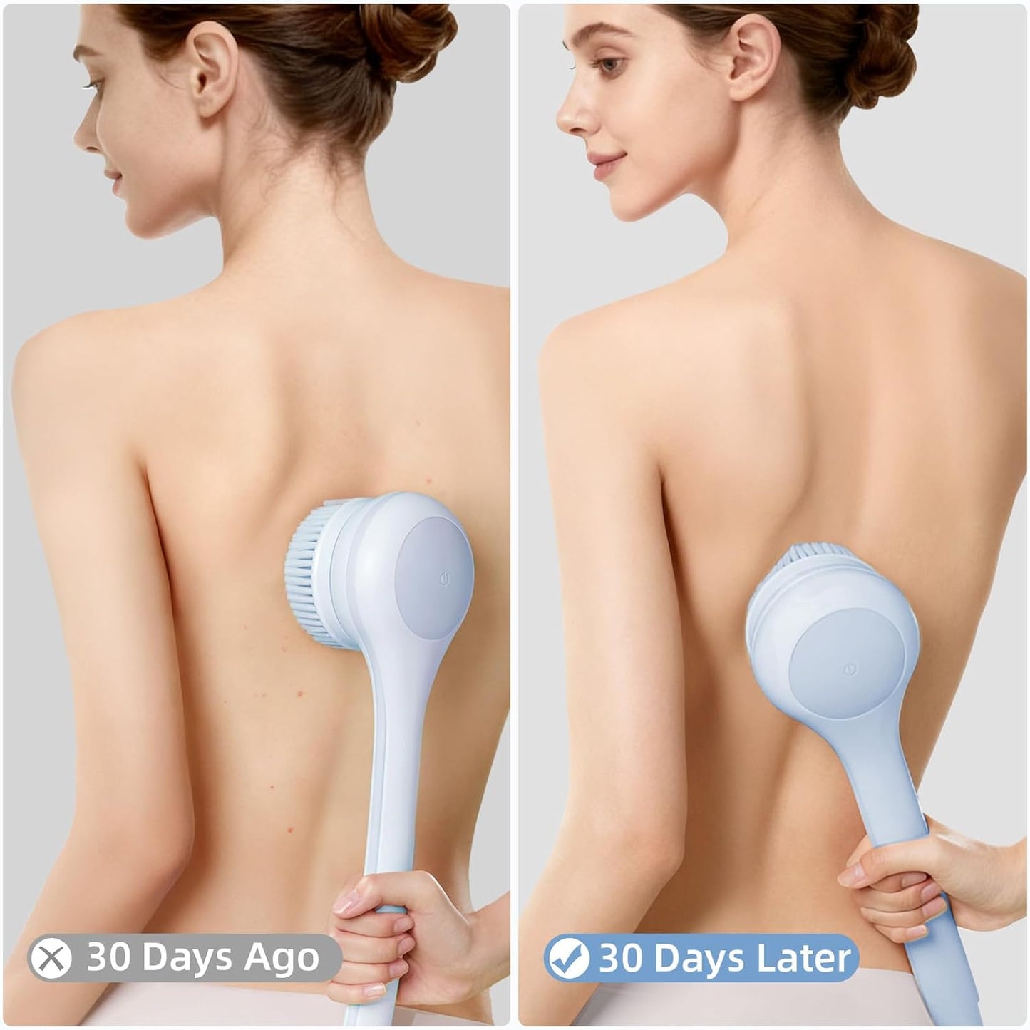 Electric Body Brush Back Scrubber for Shower, Waterproof Long Dual Handle Power Body Scrubber with 3 Heads, Bath Brush & 2 Speeds, for Cleansing, Exfoliating and Massaging Skin, Sky Blue
