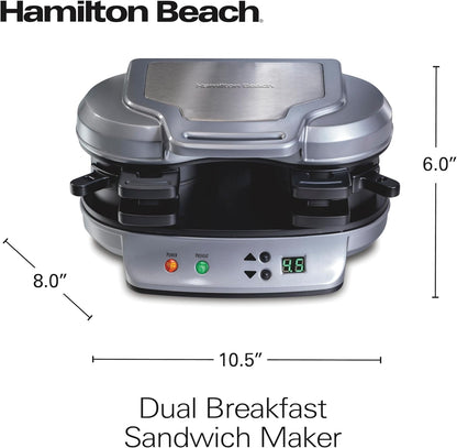 Dual Breakfast Sandwich Maker with Timer, Ready in 5 Minutes, Removable Dishwasher Safe Pfas-Free Non-Stick Egg Cooker Ring, Silver (25490MNA)
