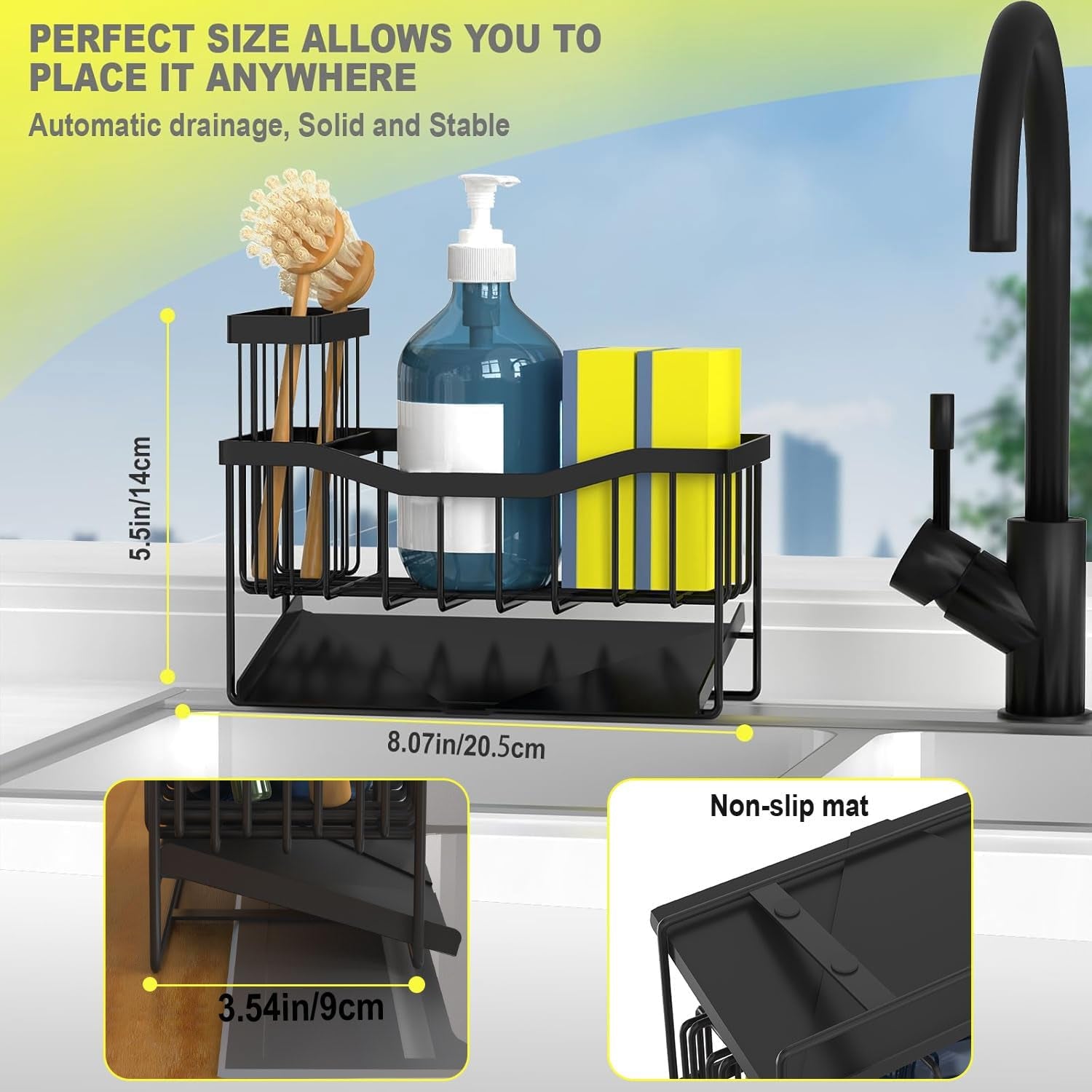 Sink Caddy Sponge Holder for Kitchen with Brush Holder and Stainless Steel Self Drain Tray, Rustproof Kitchen Sink Organizer for Sponge, Soap Dispenser Storage Accessories