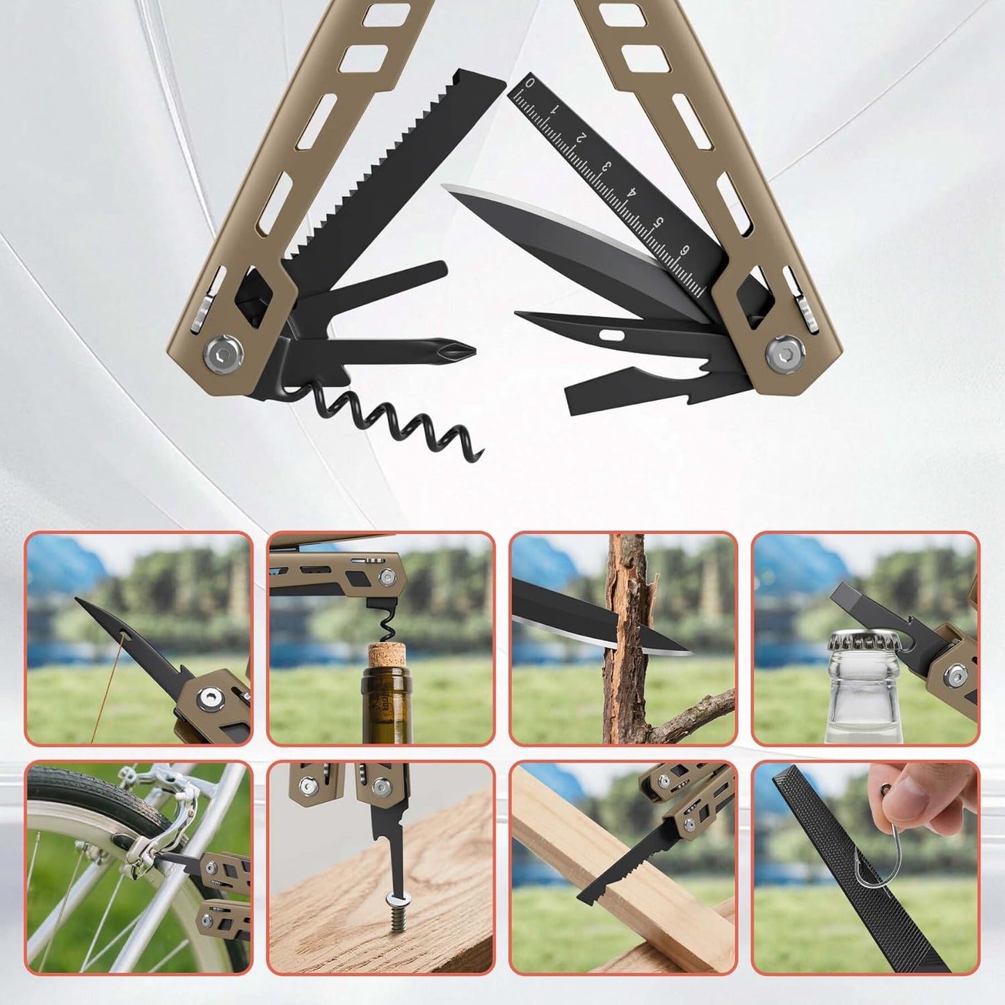 Multitool 17-In-1 Stainless Steel Multi Tool with Pocket Knife Needle Nose Pliers Bottle Opener Screwdriver Self-Locking Professional Multi-Tool for Outdoor Survival Gifts for Men(Brown)