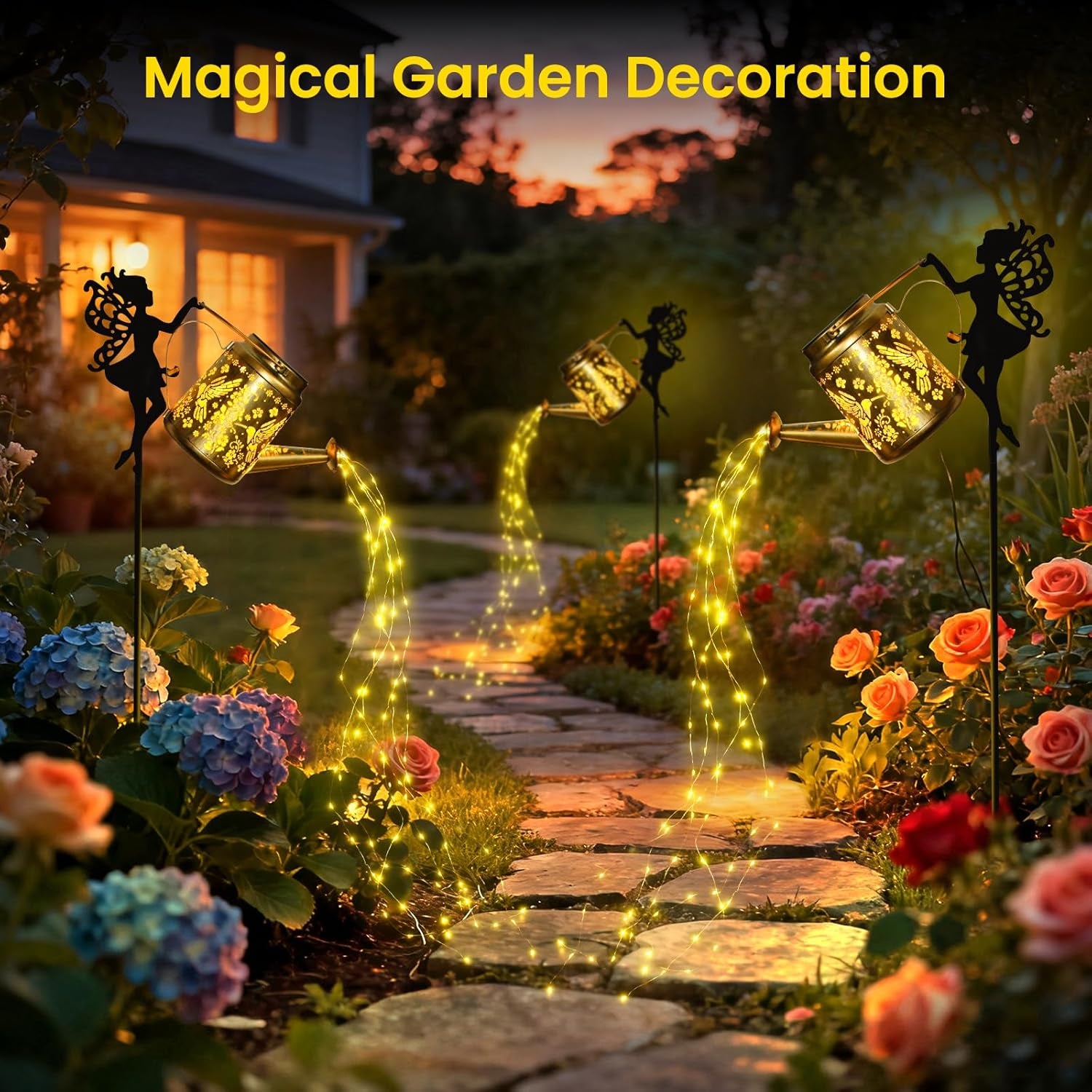 Solar Lights Outdoor Waterproof, Fairy Solar Garden Lights Outdoor Decoration, Hummingbird Solar Watering Can Light Gardening Gifts for Mom Grandma 2 Packs