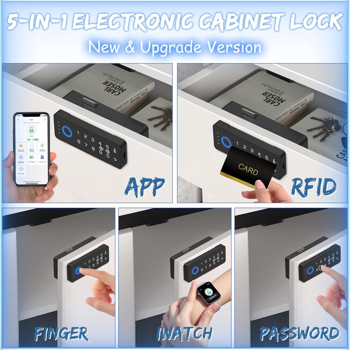 RFID Fingerprint Lock-Smart Cabinet Drawer Lock with Key Cards, Digital Electronic Biometric Bluetooth Child Safety Cabinet Code Lock Liquor File Desk Cupboard Kitchen Liquor Drawer