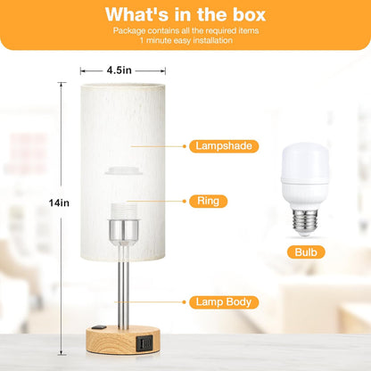 Bedside Table Lamp for Bedroom - 3 Way Dimmable Touch Lamp USB C Charging Ports and AC Outlet, Small Lamp Wood Base round Flaxen Fabric Shade for Living Room, Desk, LED Bulb Included