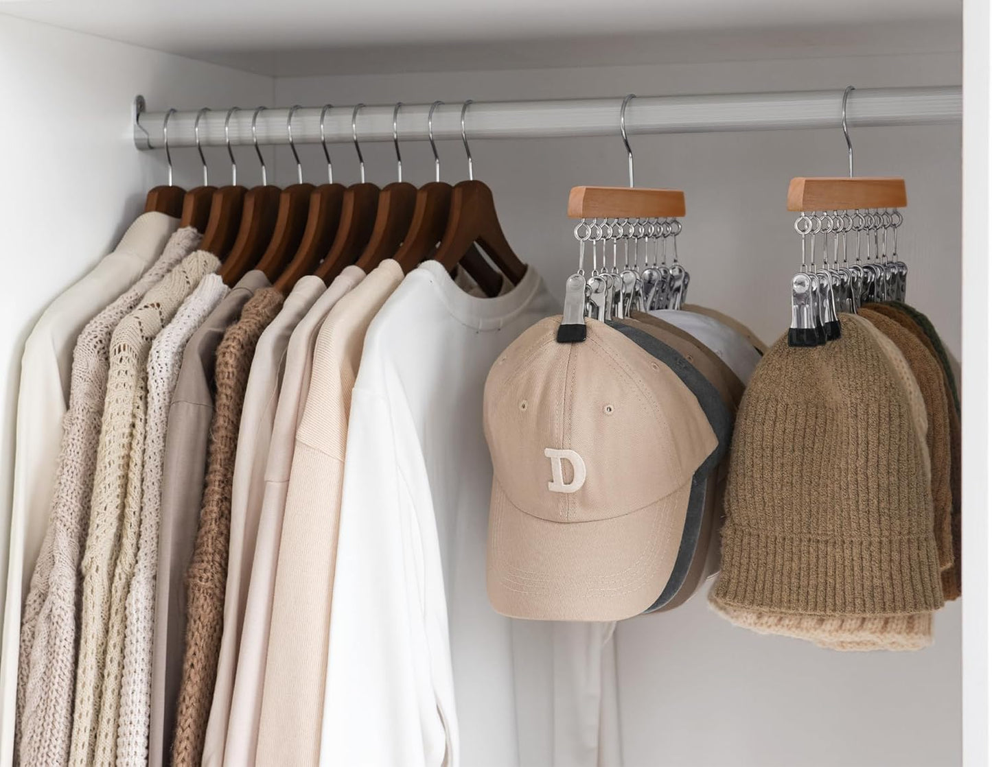 Hat Rack, Closet Organizer and Storage for Baseball Caps,Set of 2 with 10 Adjustable Stainless Steel Clips, Fits All Caps, Natural Wood Color