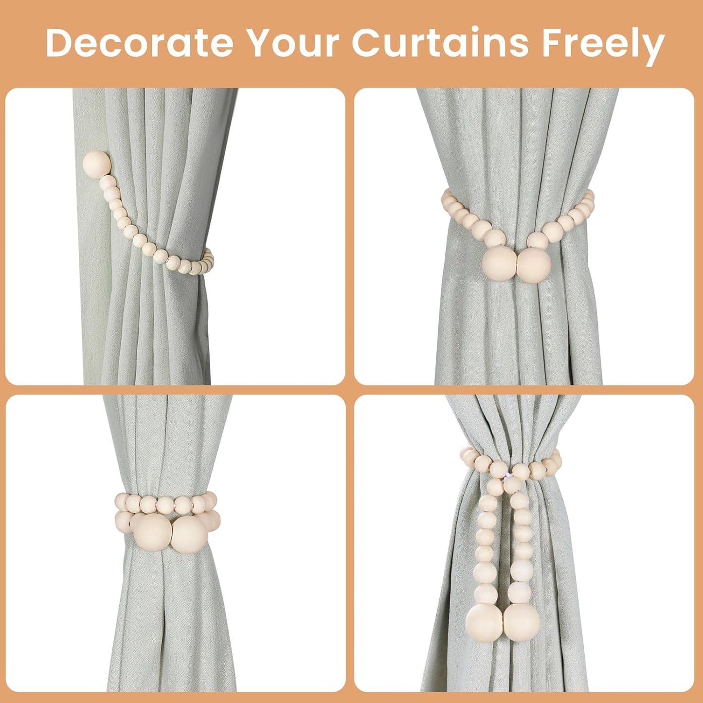 Magnetic Curtain Tiebacks, Curtain Holdbacks for Curtains 2 Pack, Wood Bead Curtain Holders for Boho Bedroom Decor, Baby Nursery Decor, Farmhouse Decor