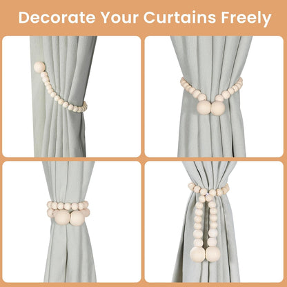 Magnetic Curtain Tiebacks, Curtain Holdbacks for Curtains 2 Pack, Wood Bead Curtain Holders for Boho Bedroom Decor, Baby Nursery Decor, Farmhouse Decor