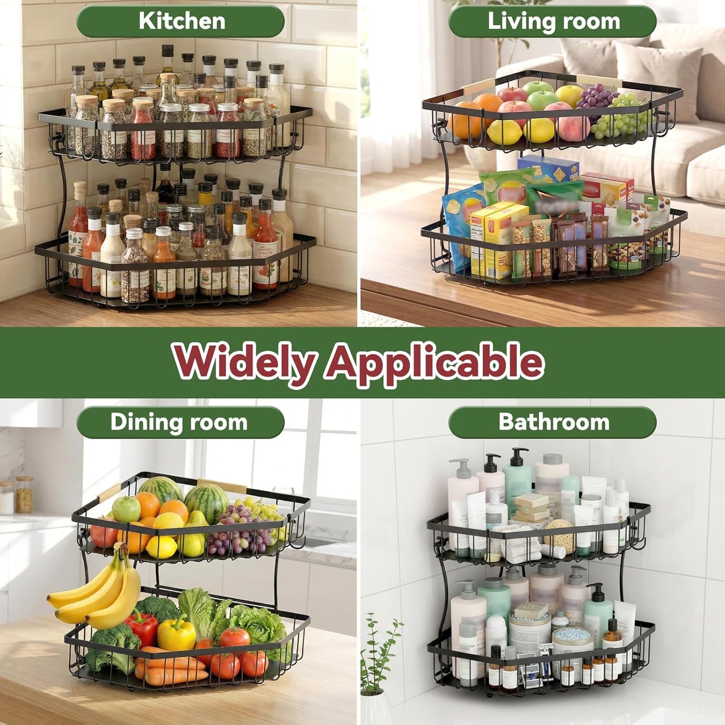 2 Tier Fruit Basket for Kitchen Counter - Detachable Metal Fruit Bowl with 2 Banana Hangers for Corner , Large Capacity Fruit Stand with Wooden Handle for Bread Fruit and Vegetable Storage