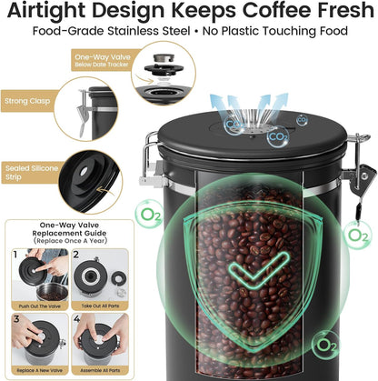 Large Coffee Canister with Window, Kitchen Food Storage Airtight Stainless Steel Container for 2.2Lbs Coffee Beans, Grounds, Rice,Tea, Flour, Cereal, Sugar Jars,Date Tracker and Scoop 39Oz,Black