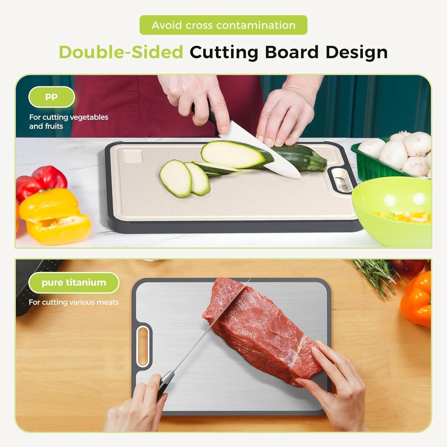 Titanium Cutting Board for Kitchen, Non Toxic 2-In-1 Cutting Board Double Sided Food Grade Pure Titanium, Knife Friendly Easy to Clean Large Size 15”×10.3”