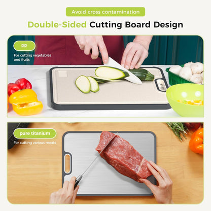 Titanium Cutting Board for Kitchen, Non Toxic 2-In-1 Cutting Board Double Sided Food Grade Pure Titanium, Knife Friendly Easy to Clean Large Size 15”×10.3”