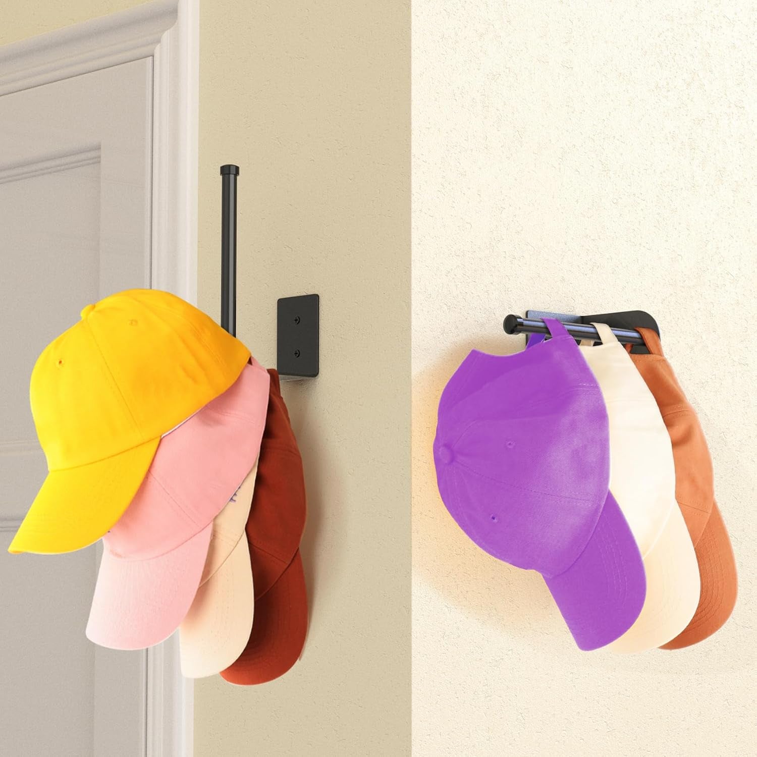 2 Pack Hat Racks for Baseball Caps, Stainless Steel Hat Organizer for Baseball Cap, Hat Holder Storage Organizer, Hat Hanger Strong Adhesive/Wall Drilled for Door, Bedroom, Closet(Black 6 In)
