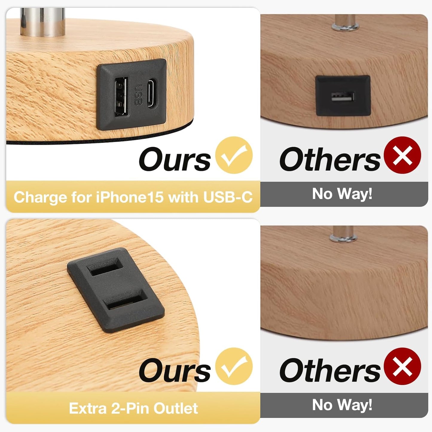 Bedside Table Lamp for Bedroom - 3 Way Dimmable Touch Lamp USB C Charging Ports and AC Outlet, Small Lamp Wood Base round Flaxen Fabric Shade for Living Room, Desk, LED Bulb Included